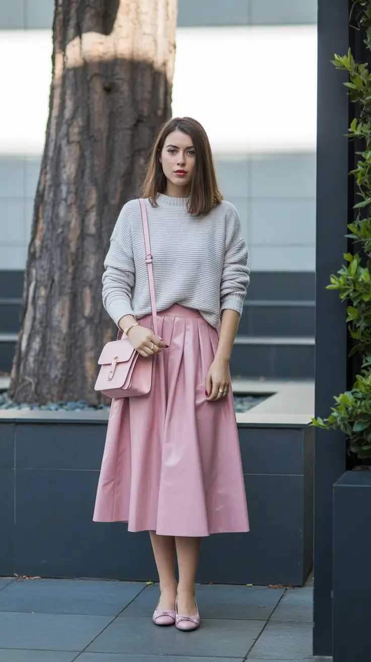 modest spring outfits 2026 Soft Neutrals With a Blush Midi Skirt