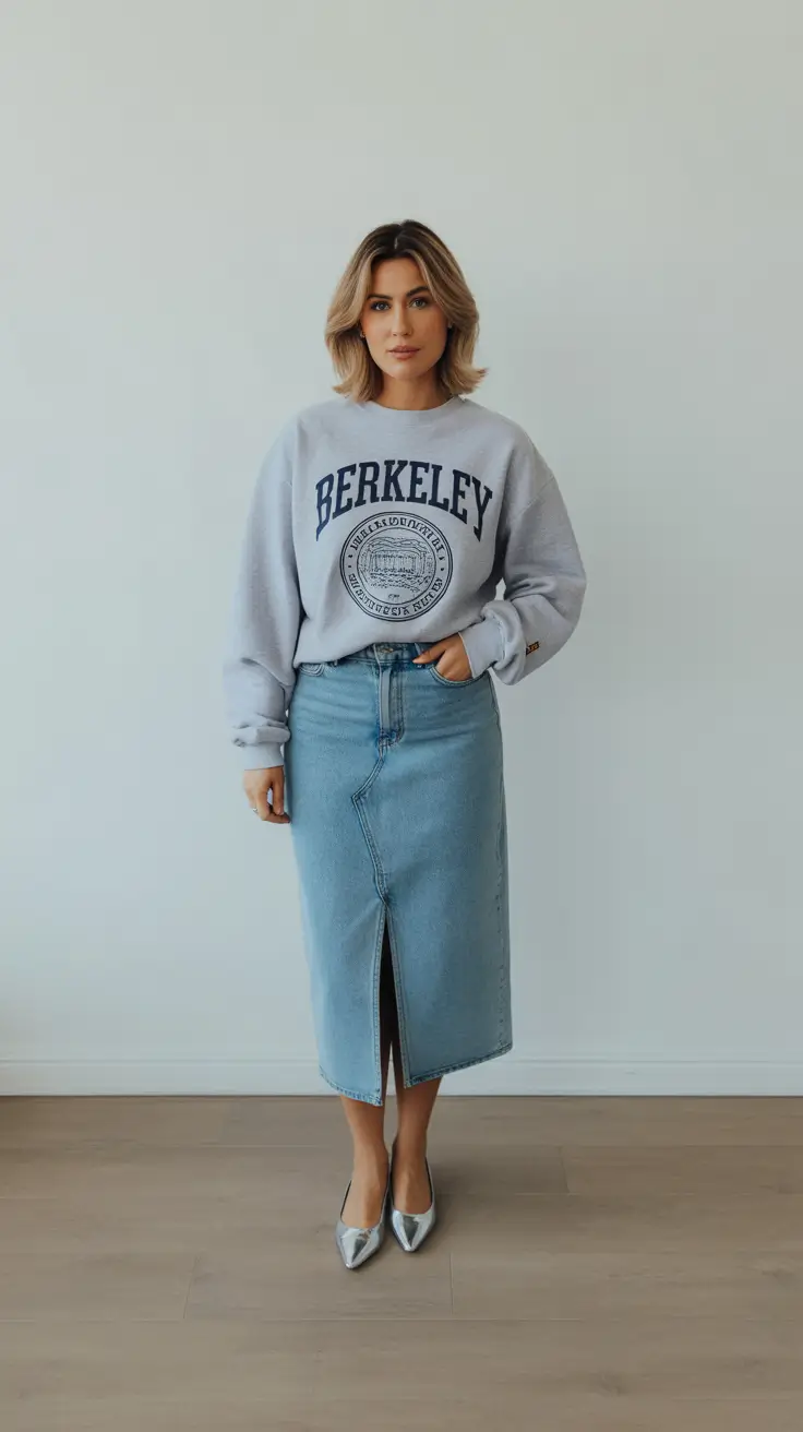 modest spring outfits 2026 College Sweatshirt With a Structured Denim Midi Skirt