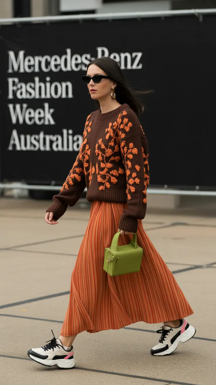 modest spring outfits 2026 Warm Earth-Tone Knit With a Flowing Pleated Skirt