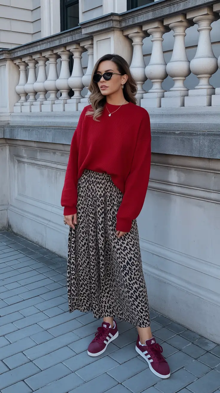 modest spring outfits 2026 Bold Red Knit With a Soft Leopard Midi Skirt