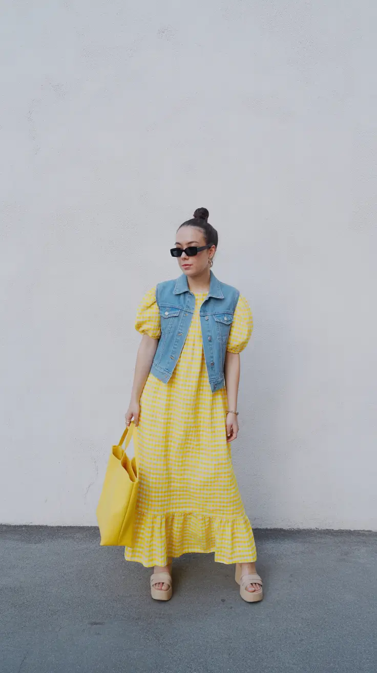 modest spring outfits 2026 Sunny Yellow Gingham With a Denim Vest Twist