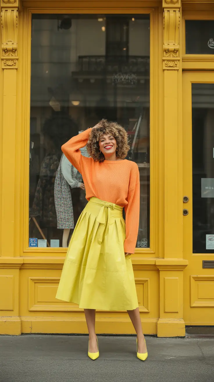 modest spring outfits 2026 Sunlit Orange Sweater With a Bright Yellow Midi Skirt