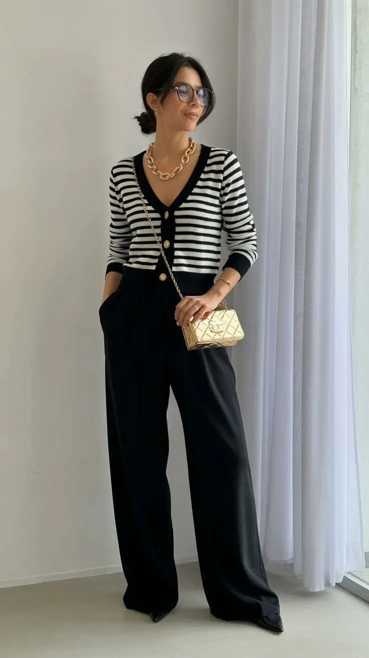 modest spring outfits 2026 Striped Cardigan With Tailored Black Wide-Leg Pants