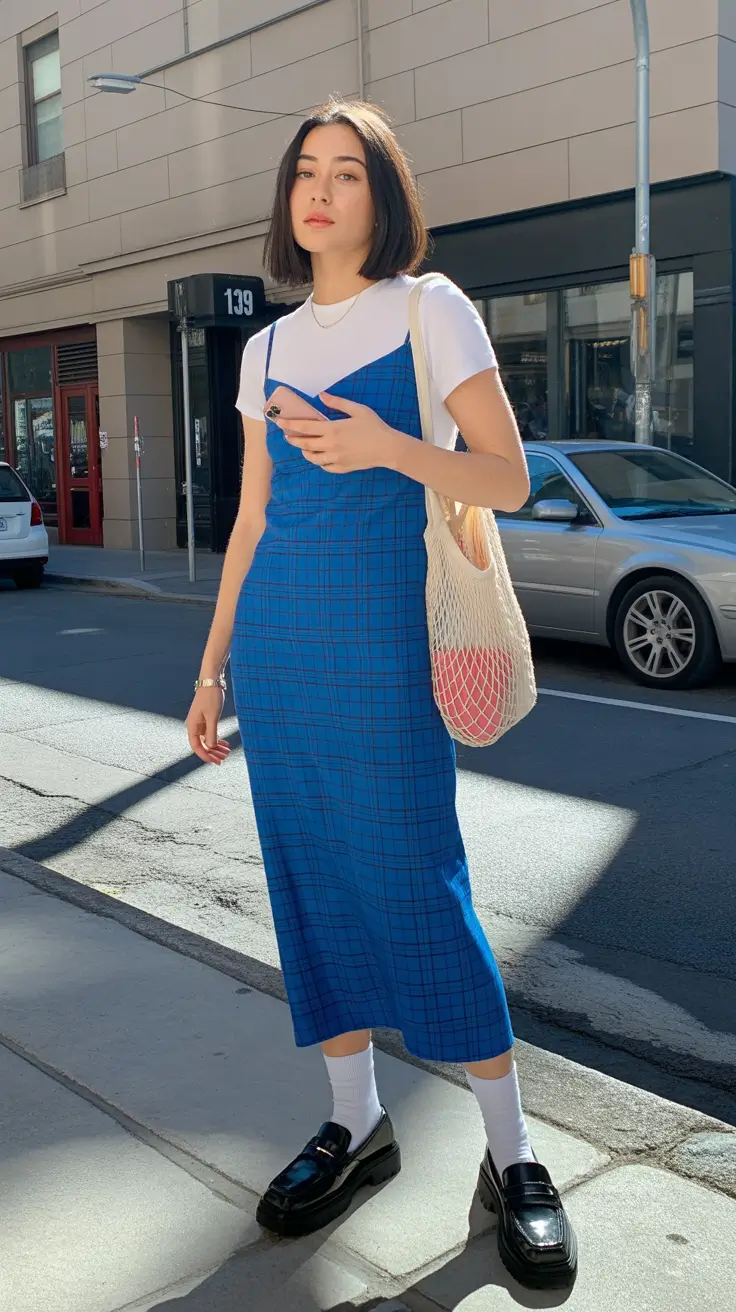 modest spring outfits 2026 Minimalist Blue Slip Dress With a Clean Tee Layer
