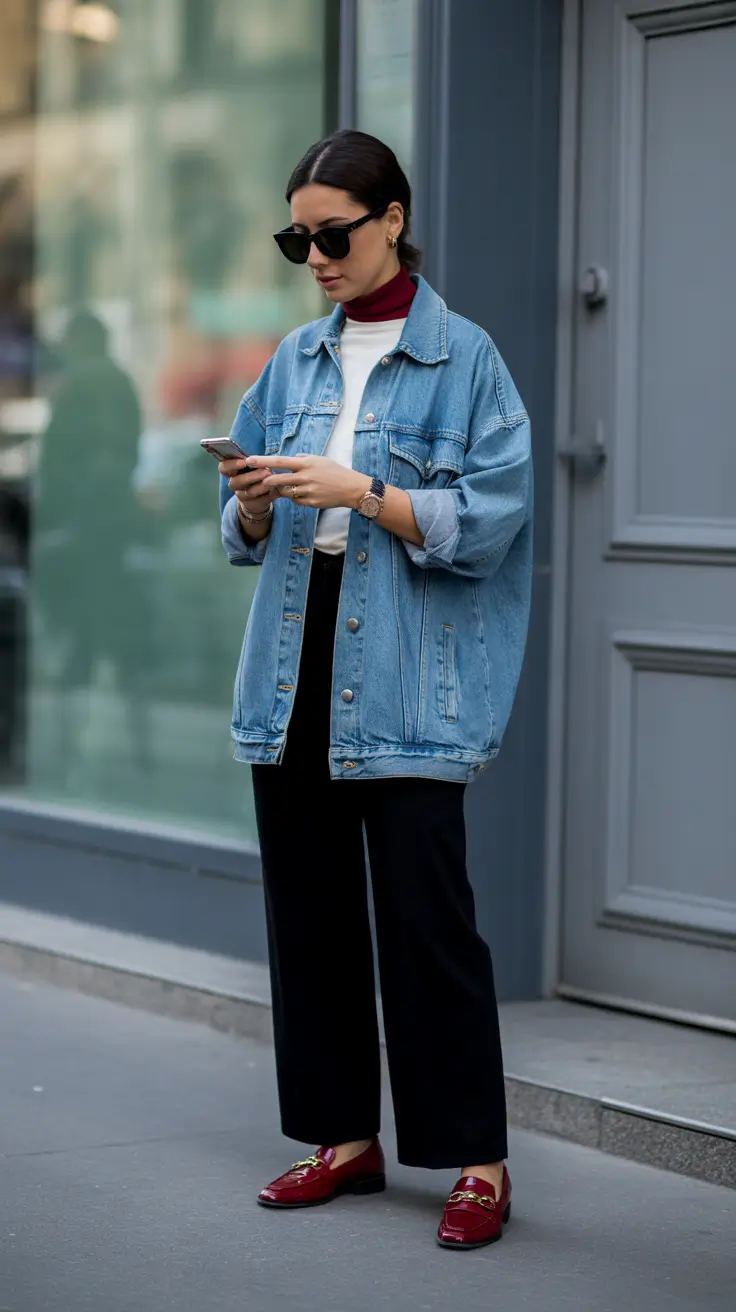 modest spring outfits 2026 Oversized Denim Jacket With Tailored Black Foundations