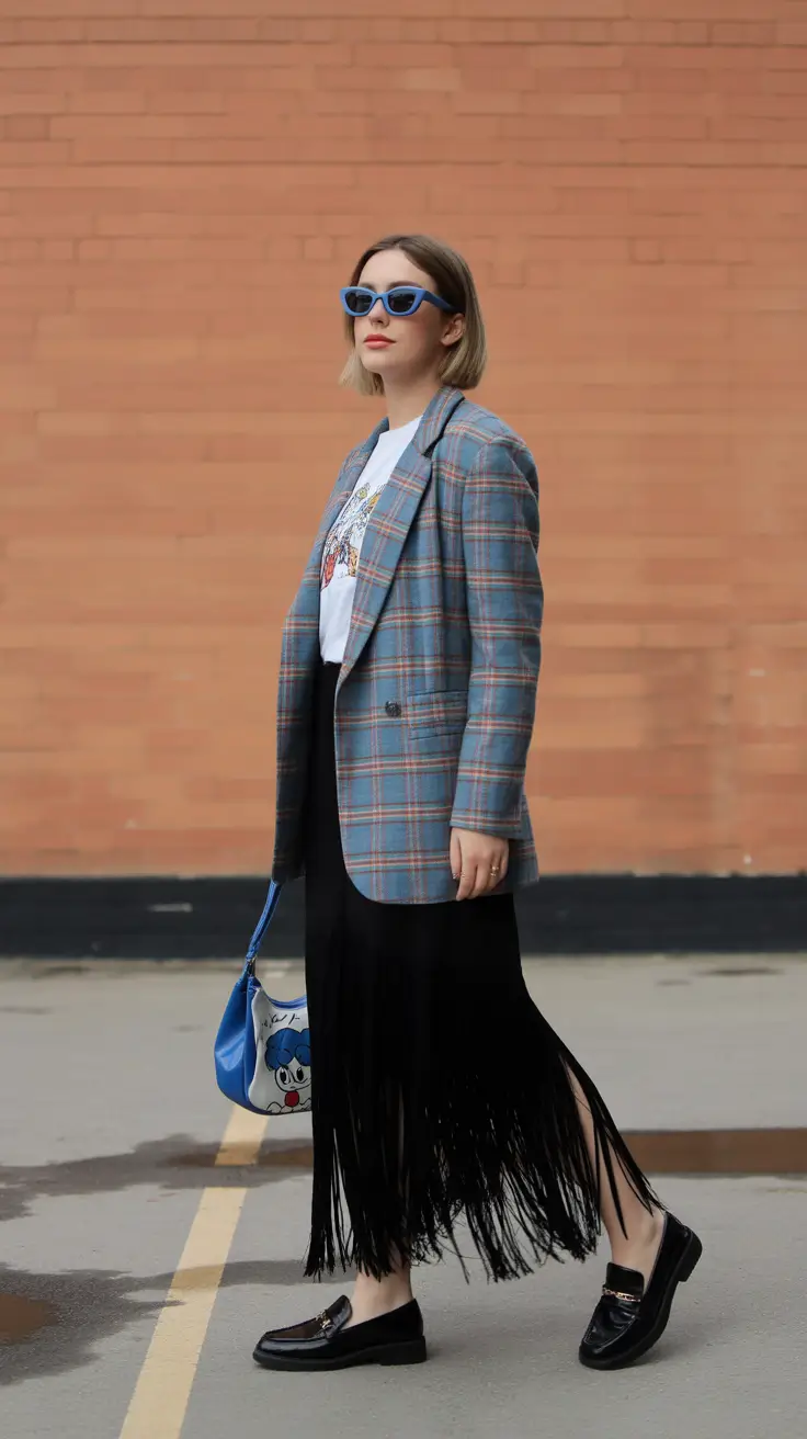 modest spring outfits 2026 Playful Plaid Blazer With a Statement Fringe Skirt