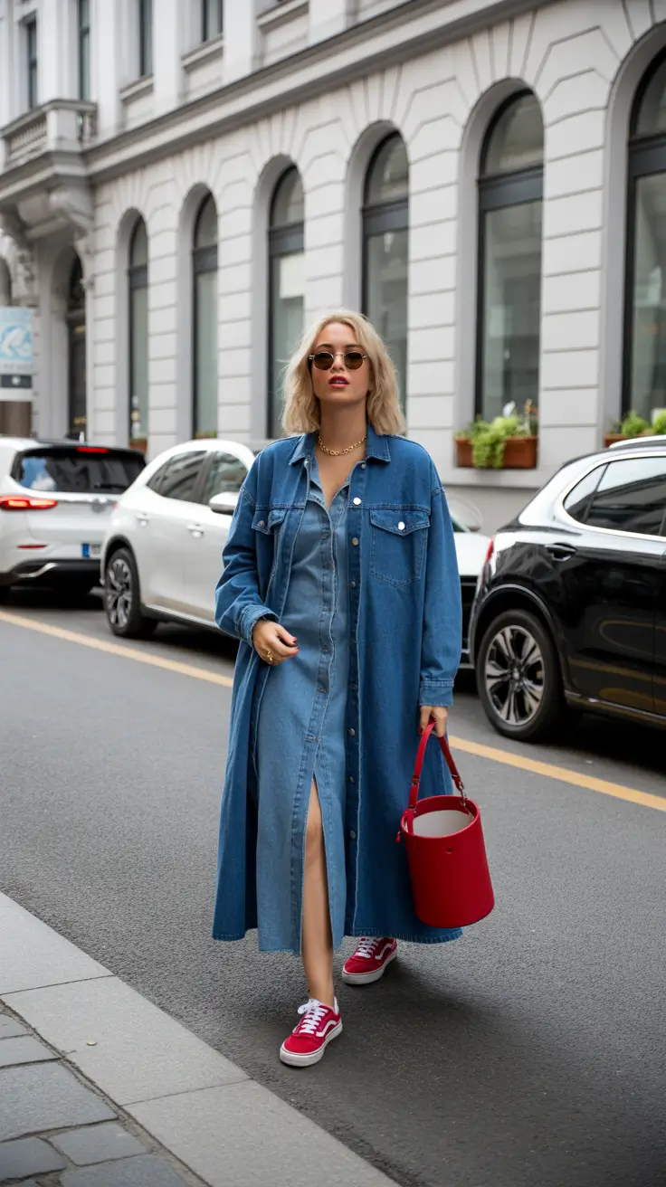 modest spring outfits 2026 Head-to-Toe Denim With Red Accents