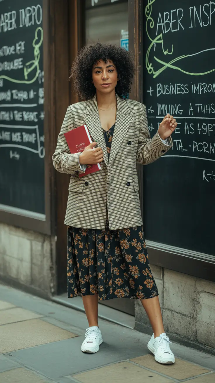 modest spring outfits 2026 Floral Midi Dress With an Oversized Blazer