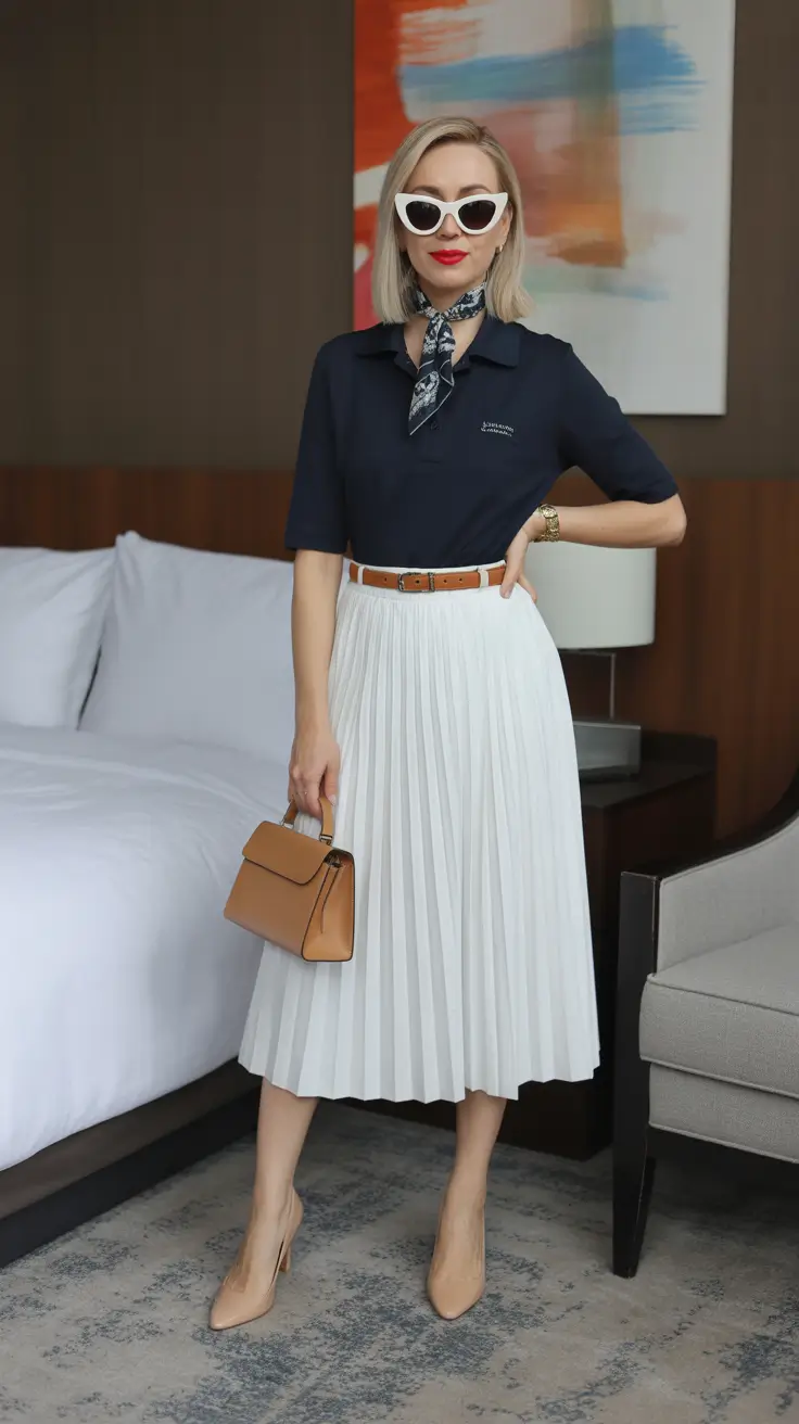 old money spring outfits 2026 Refined Navy and Pleats for Modern Spring Elegance