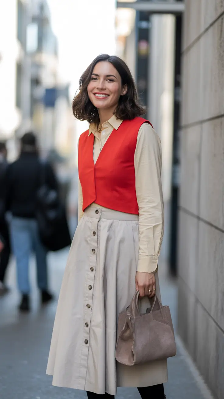 old money spring outfits 2026 Vintage-Inspired Vest and Buttoned Skirt Charm