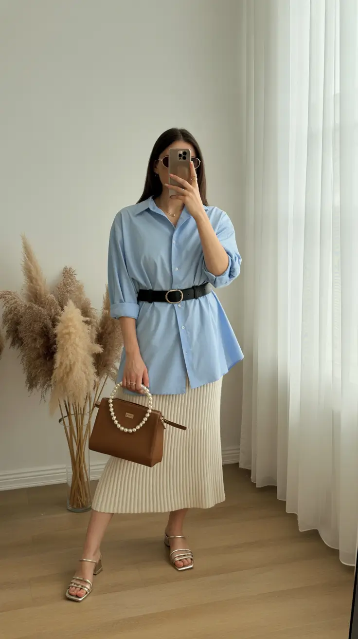 spring formal outfits 2026 The Belted Shirt And Knit Skirt Combo