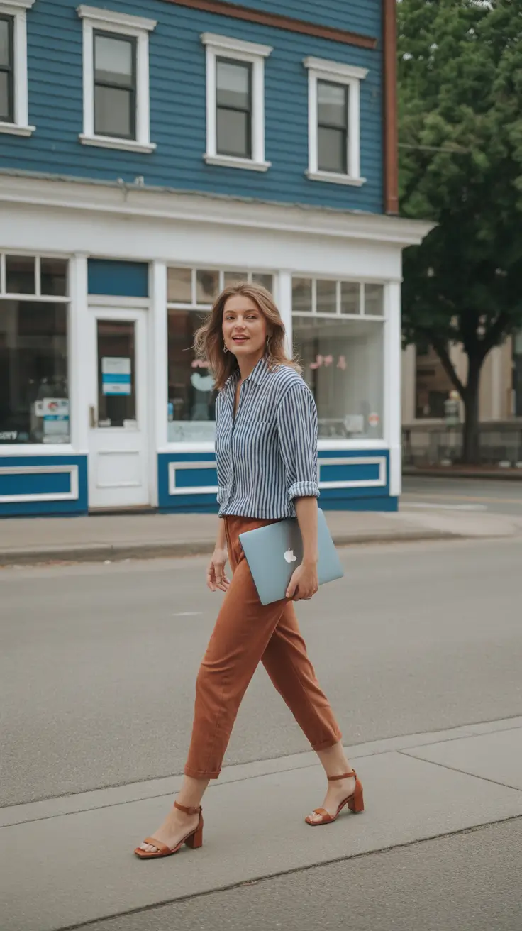spring formal outfits 2026 Striped Simplicity With Warm-Toned Pants