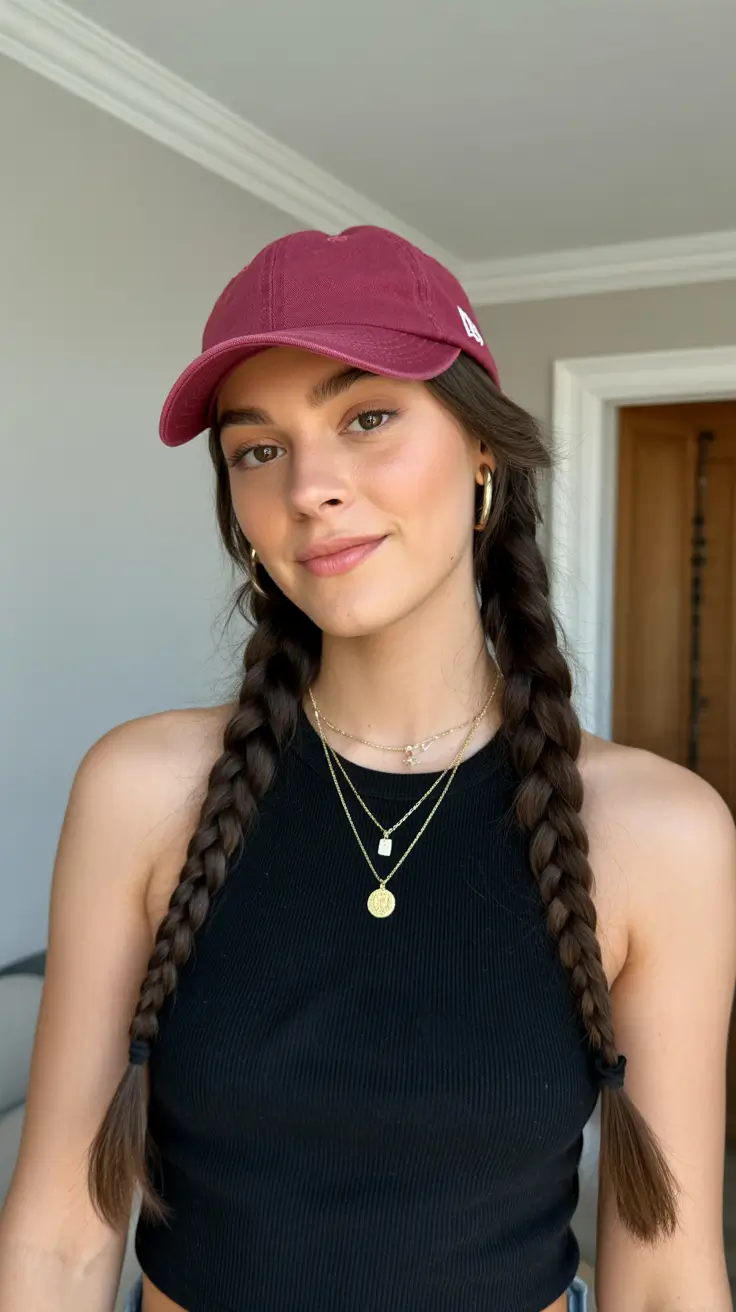 trendy spring outfit with a stylish cap 2026 Fresh Braids and Berry-Toned Spring Cool