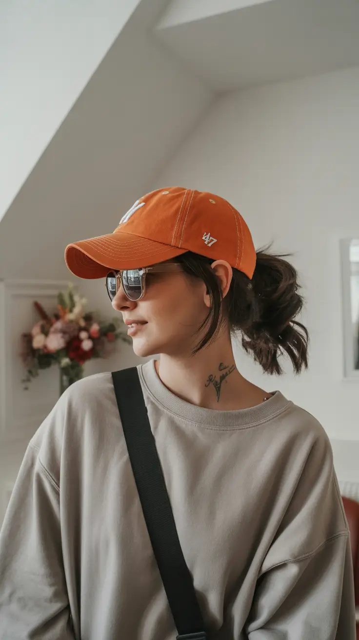 trendy spring outfit with a stylish cap 2026 Warm Orange Tones With Soft Streetwear Energy