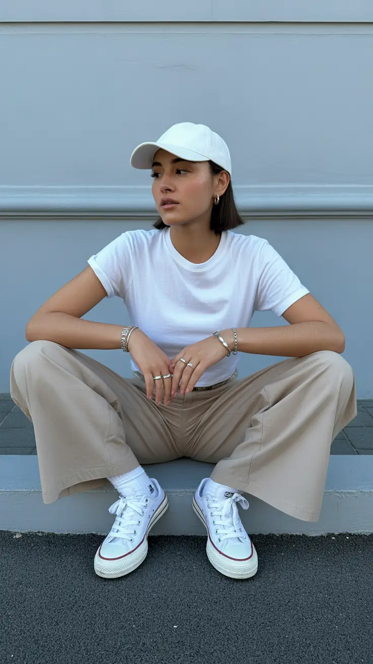 trendy spring outfit with a stylish cap 2026 Clean White Balance With Relaxed Spring Confidence