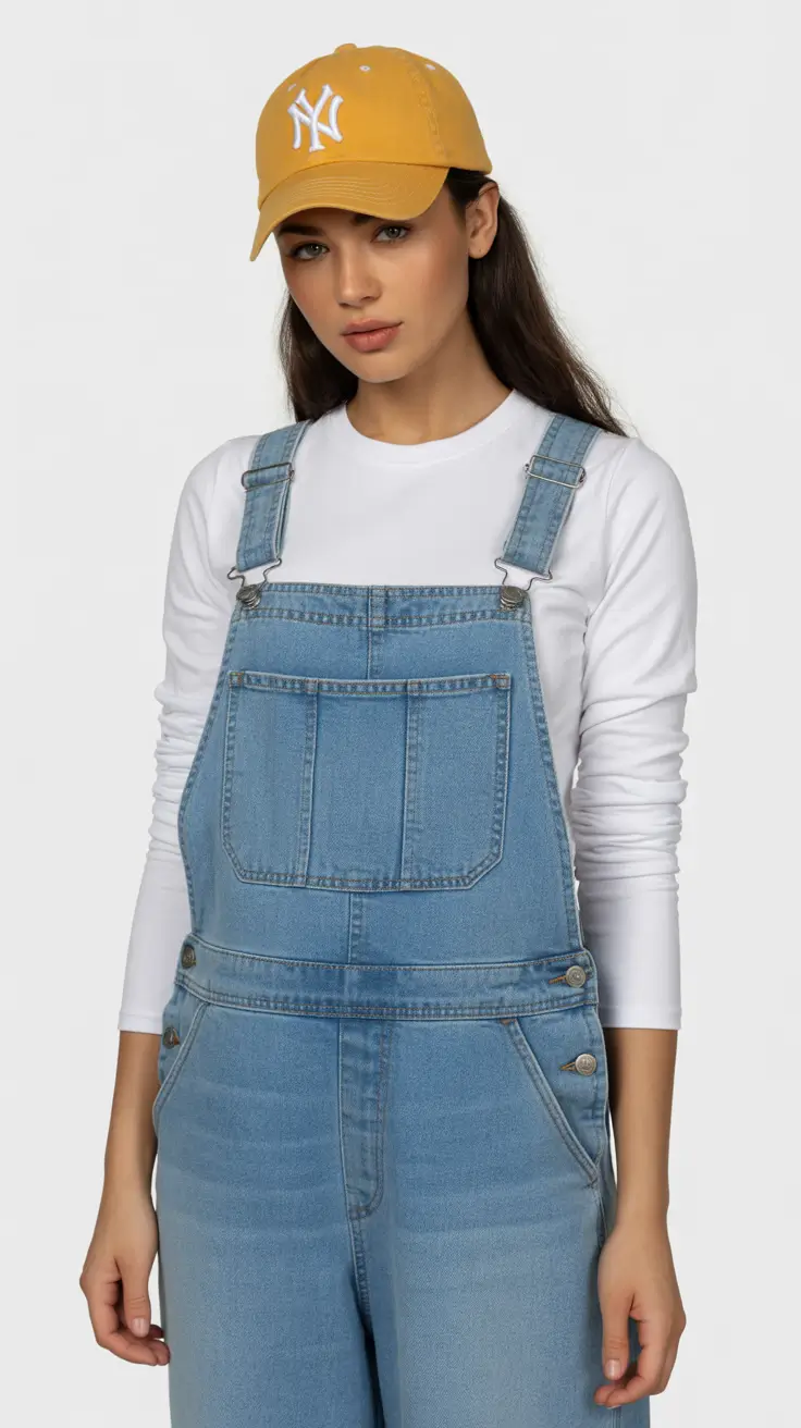 trendy spring outfit with a stylish cap 2026 Bright Yellow Accent With Denim Overall Charm