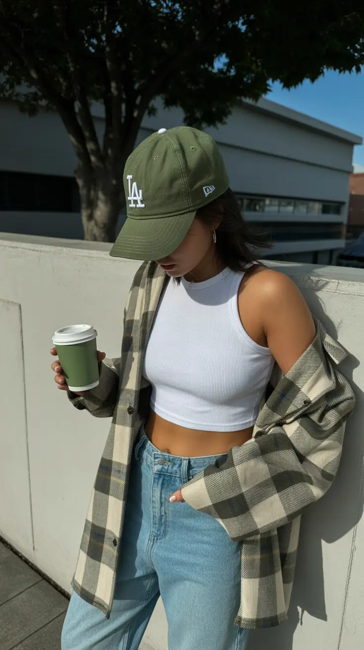 trendy spring outfit with a stylish cap 2026 Olive Street Style With a Laid-Back Spring Edge