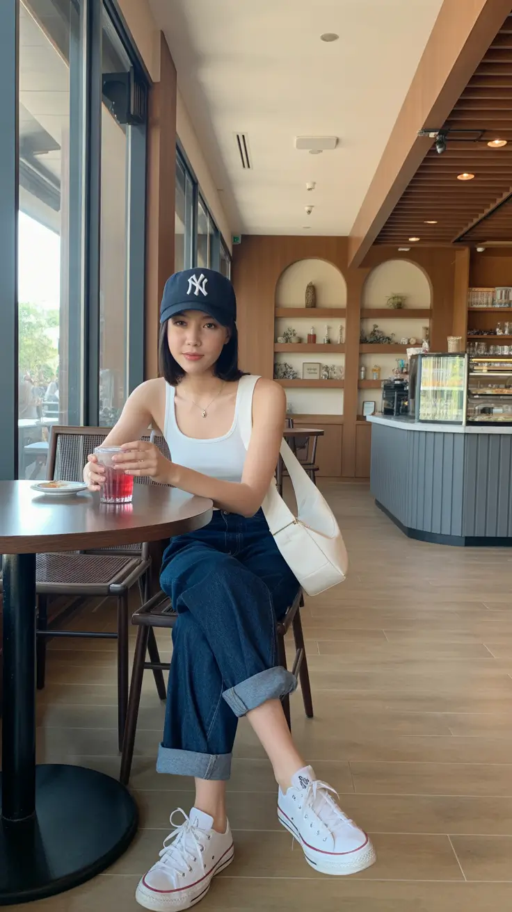 trendy spring outfit with a stylish cap 2026 Dark Navy Simplicity With a Clean Spring Contrast