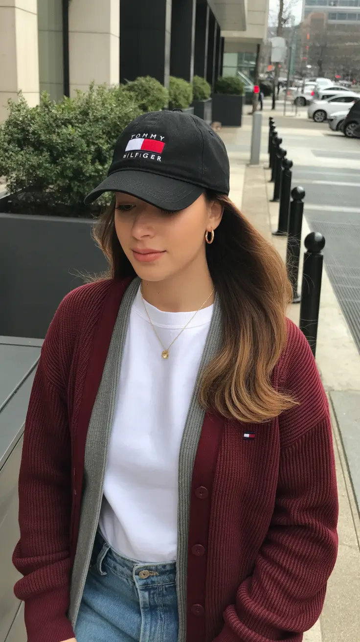 trendy spring outfit with a stylish cap 2026 City Layers With a Clean Black Baseball Accent