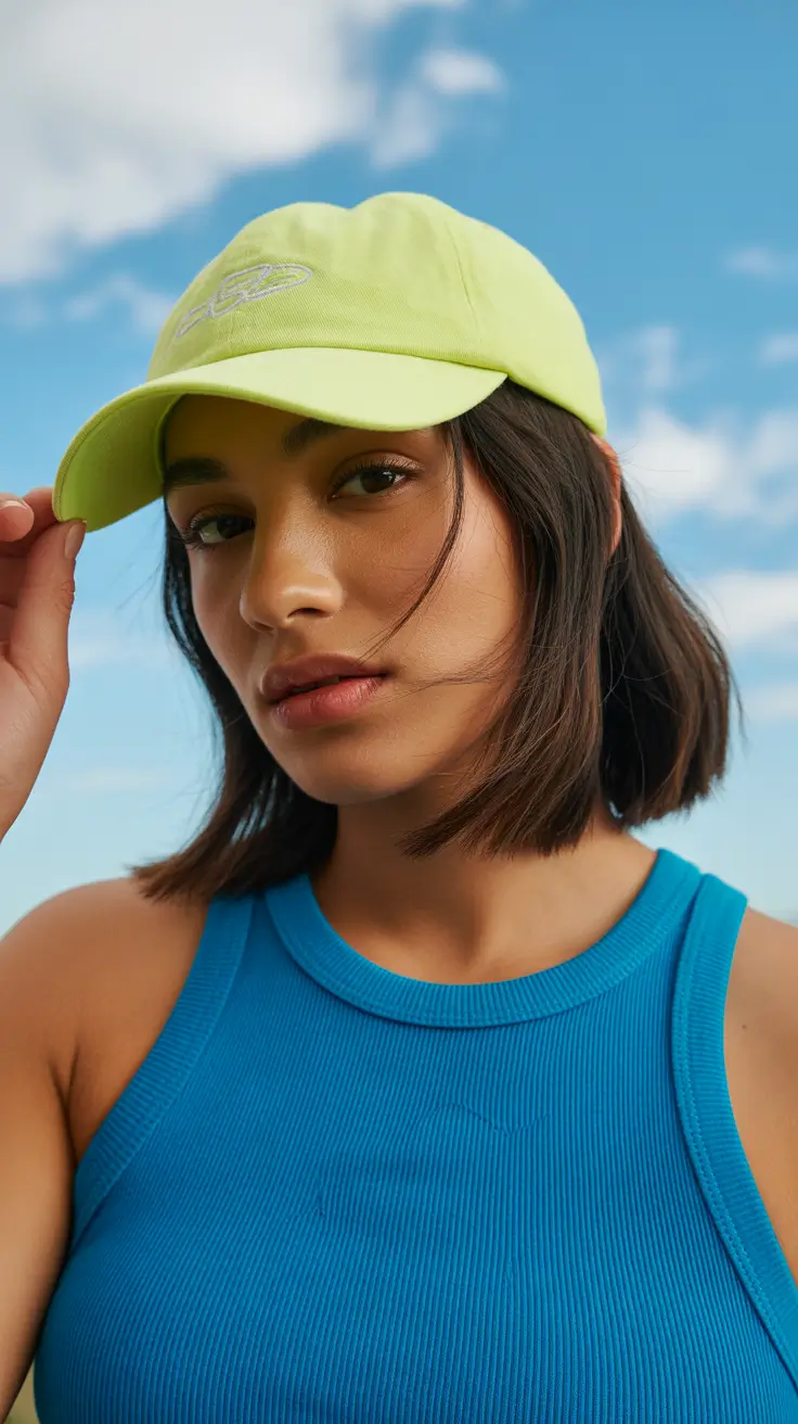 trendy spring outfit with a stylish cap 2026 Vivid Blue Minimalism With a Neon Twist