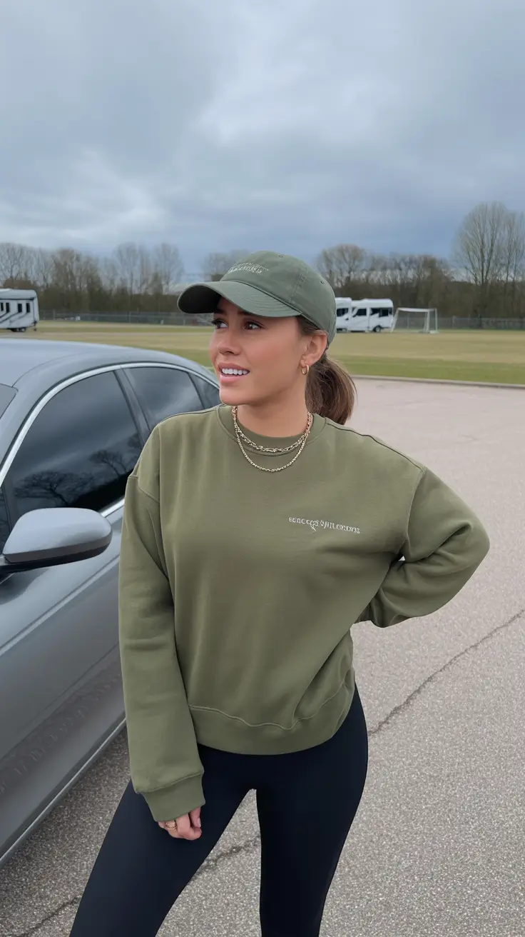 trendy spring outfit with a stylish cap 2026 Sporty Olive Comfort With a Sleek Spring Cap