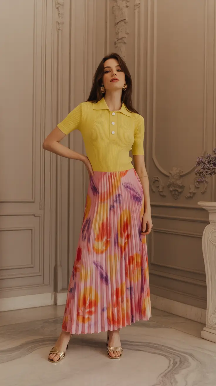 spring skirt outfits 2026 Sunlit Elegance With Watercolor Pleats