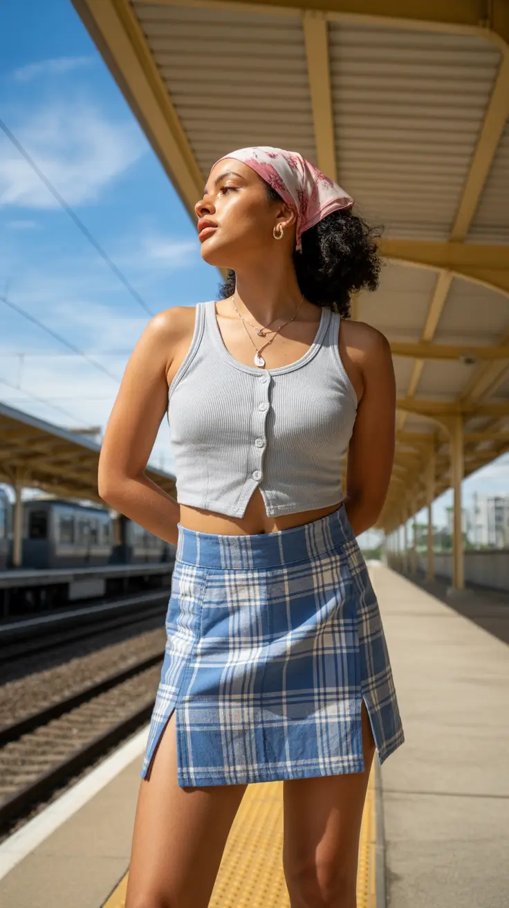 spring skirt outfits 2026 Railway Blues and Plaid Spring Freedom