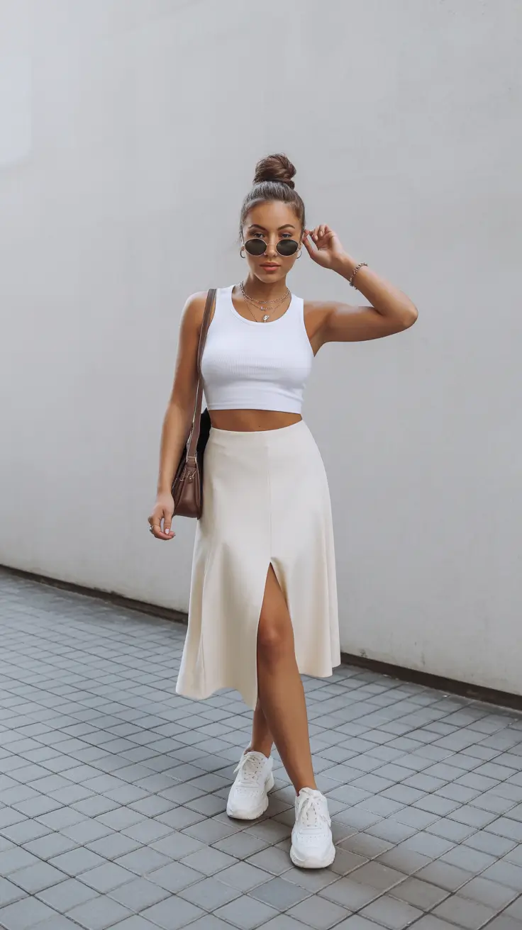 spring skirt outfits 2026 Cafe Chic Neutral Elegance