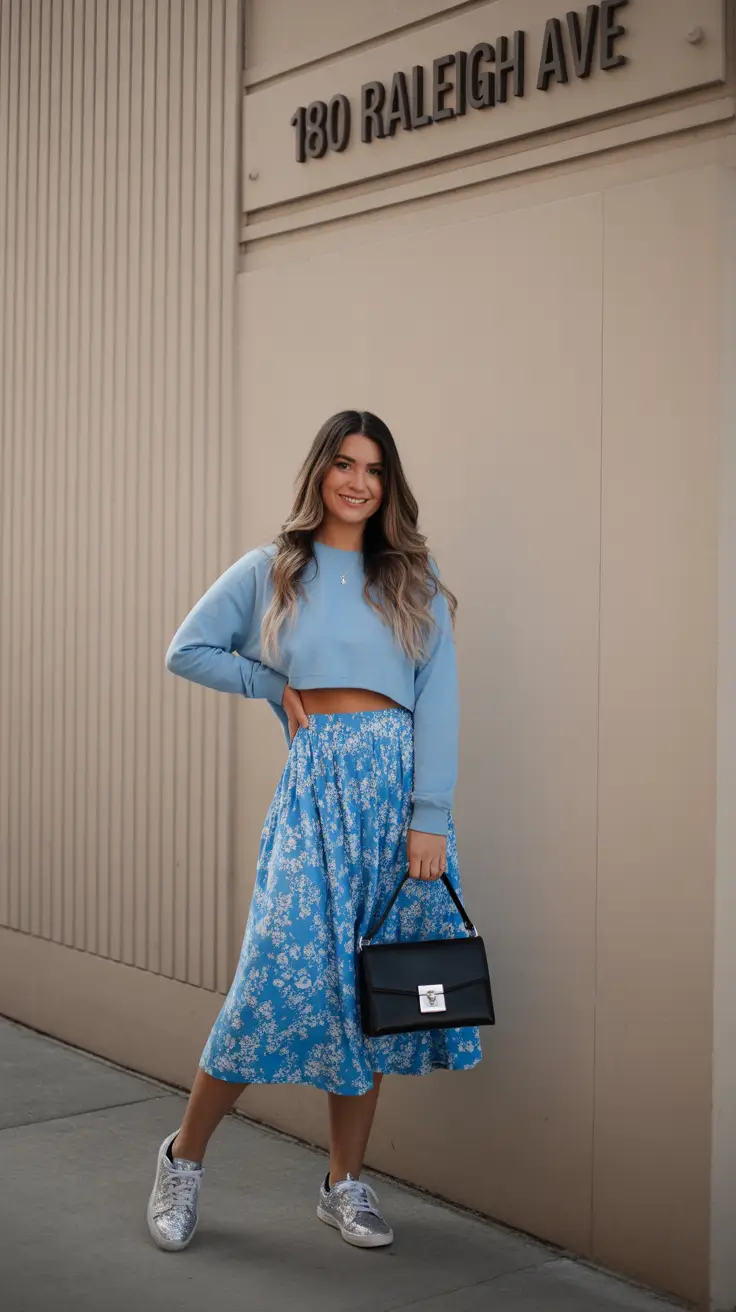 spring skirt outfits 2026 Soft Blue Tones for Casual Spring Mornings