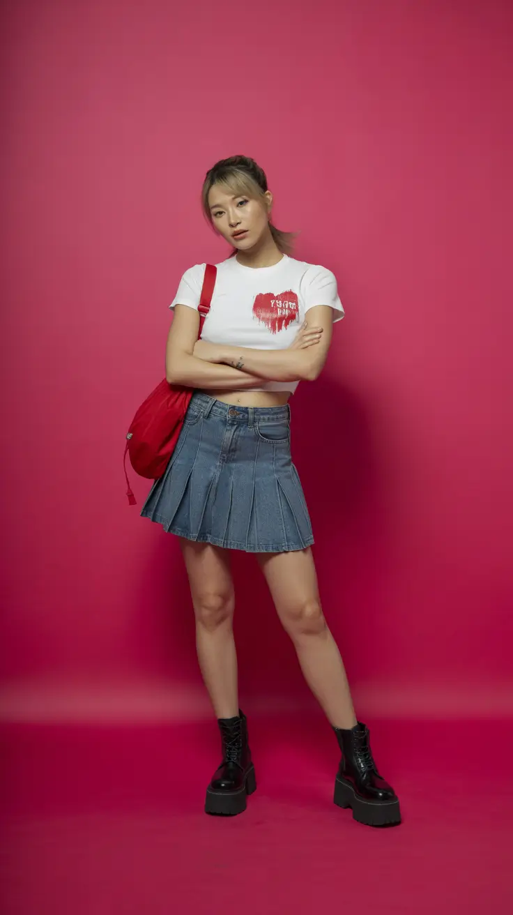 spring y2k outfits 2026 Denim Mini Rebellion With Playful Graphic Energy