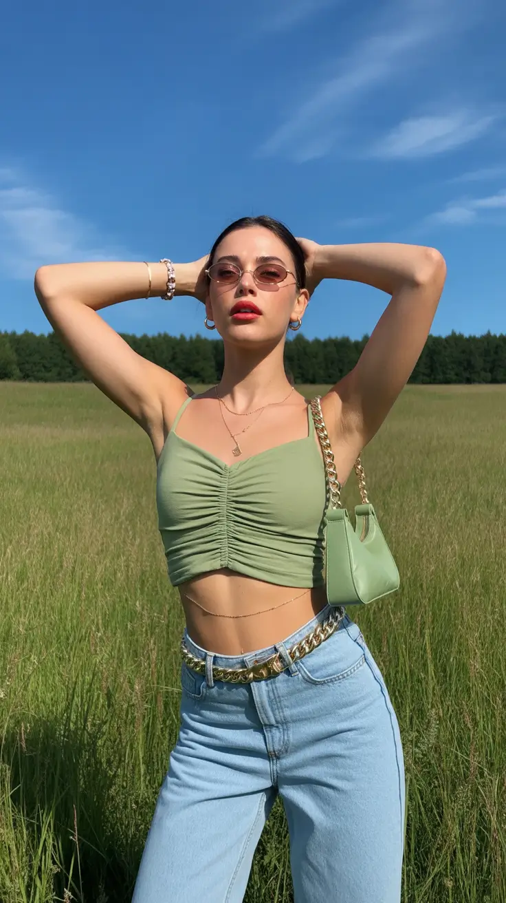 spring y2k outfits 2026 Soft Sage Moments With Classic Denim Ease