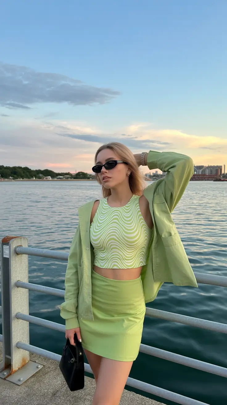 spring y2k outfits 2026 Pastel Lime Minimalism With Y2K Curves