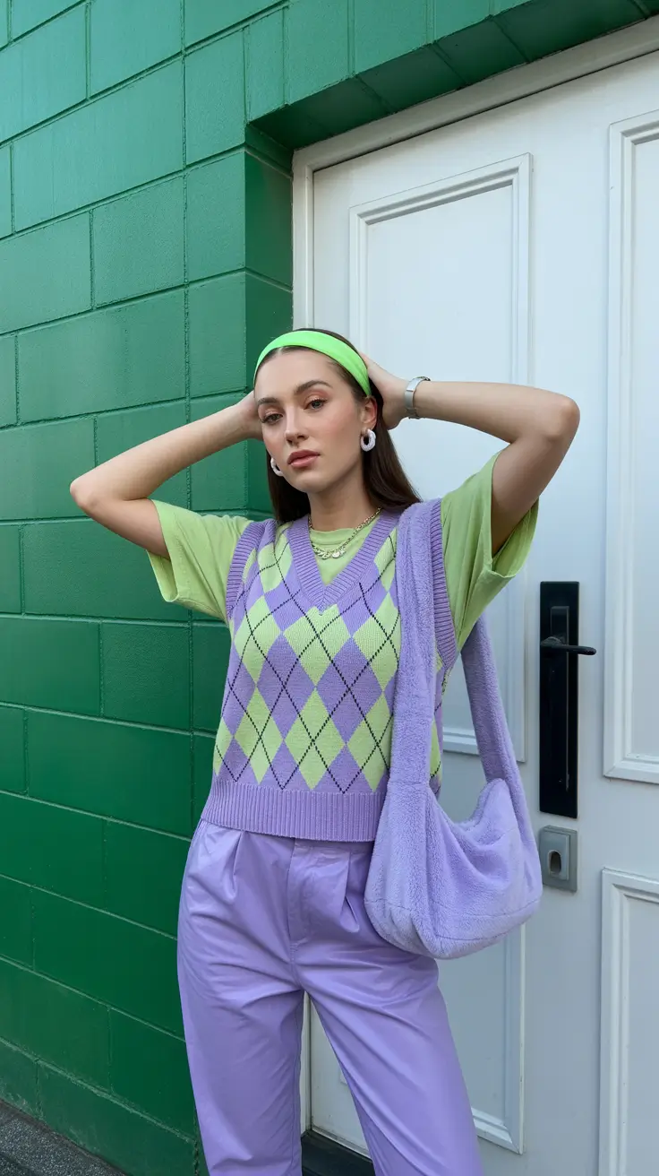 spring y2k outfits 2026 Pastel Argyle Layers With Soft Aesthetic Charm