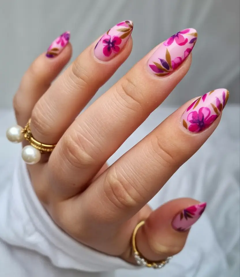 spring nail art 2026 Pink Botanical Design