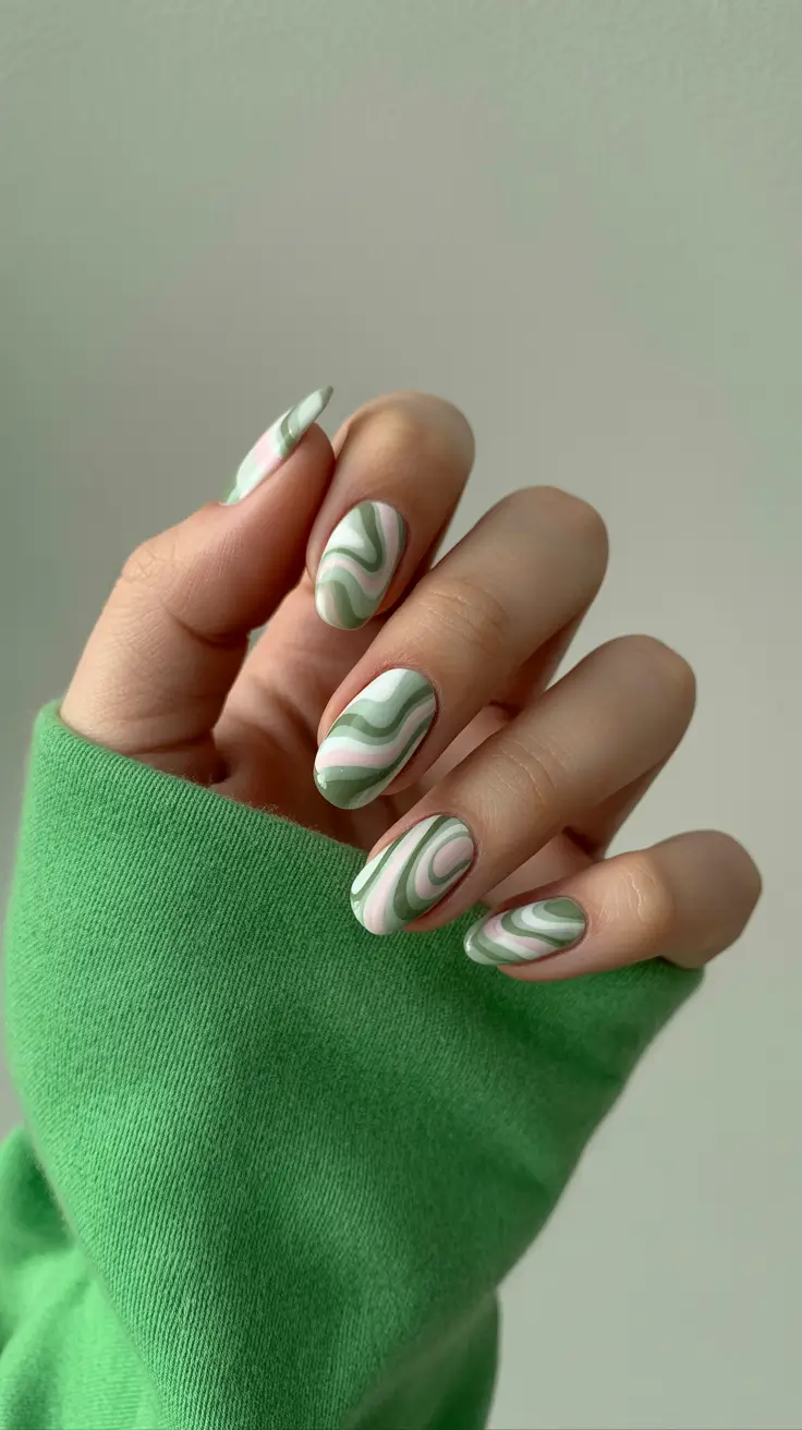 spring nail art 2026 Green Swirl Design