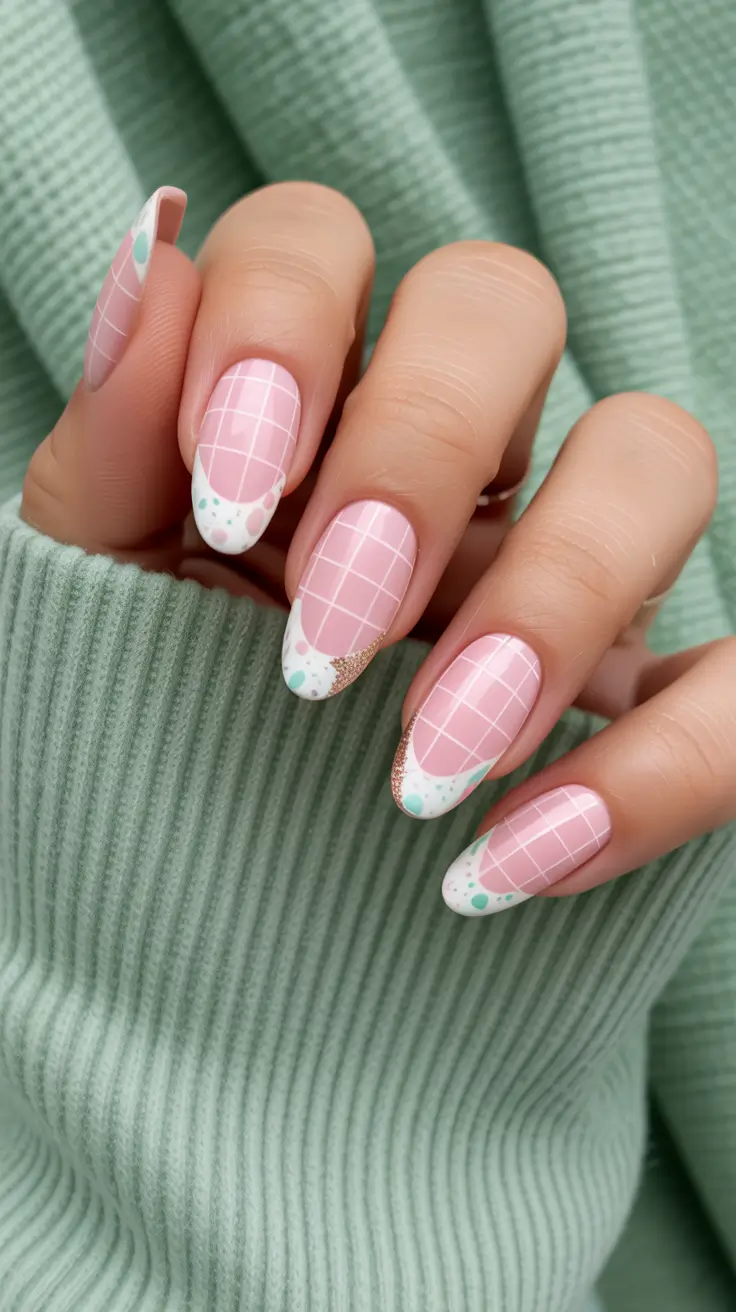 spring nail art 2026 Pink Grid Design