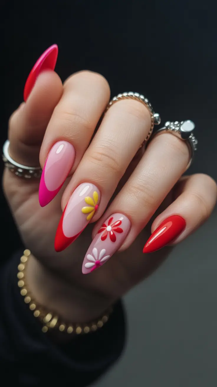 spring nail art 2026 Pink Red Floral Design