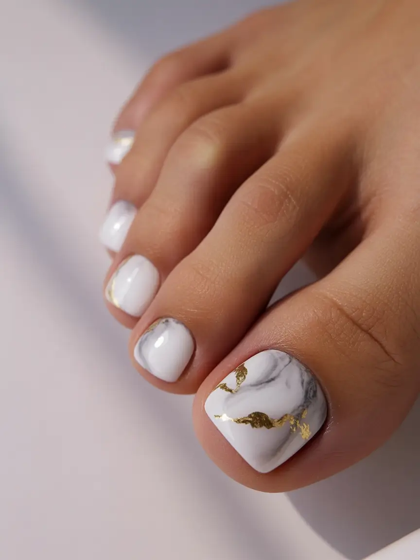 best spring toe nails 2026 White Marble and Gold Spring Statement Pedicure