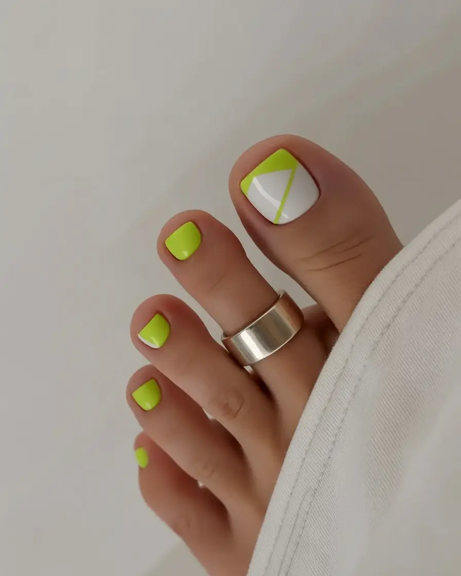 best spring toe nails 2026 Lime and White Geometric Spring Toe Nails