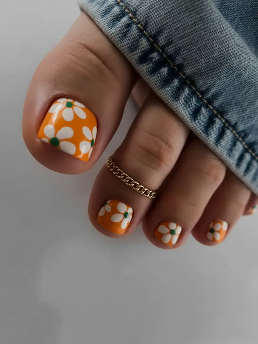 best spring toe nails 2026 Retro Orange Daisy Spring Pedicure