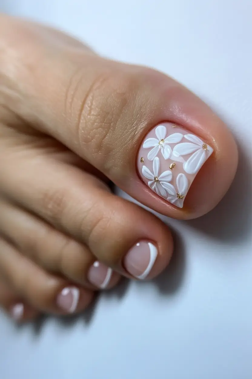 best spring toe nails 2026 Embossed White Floral Nude Spring Pedicure