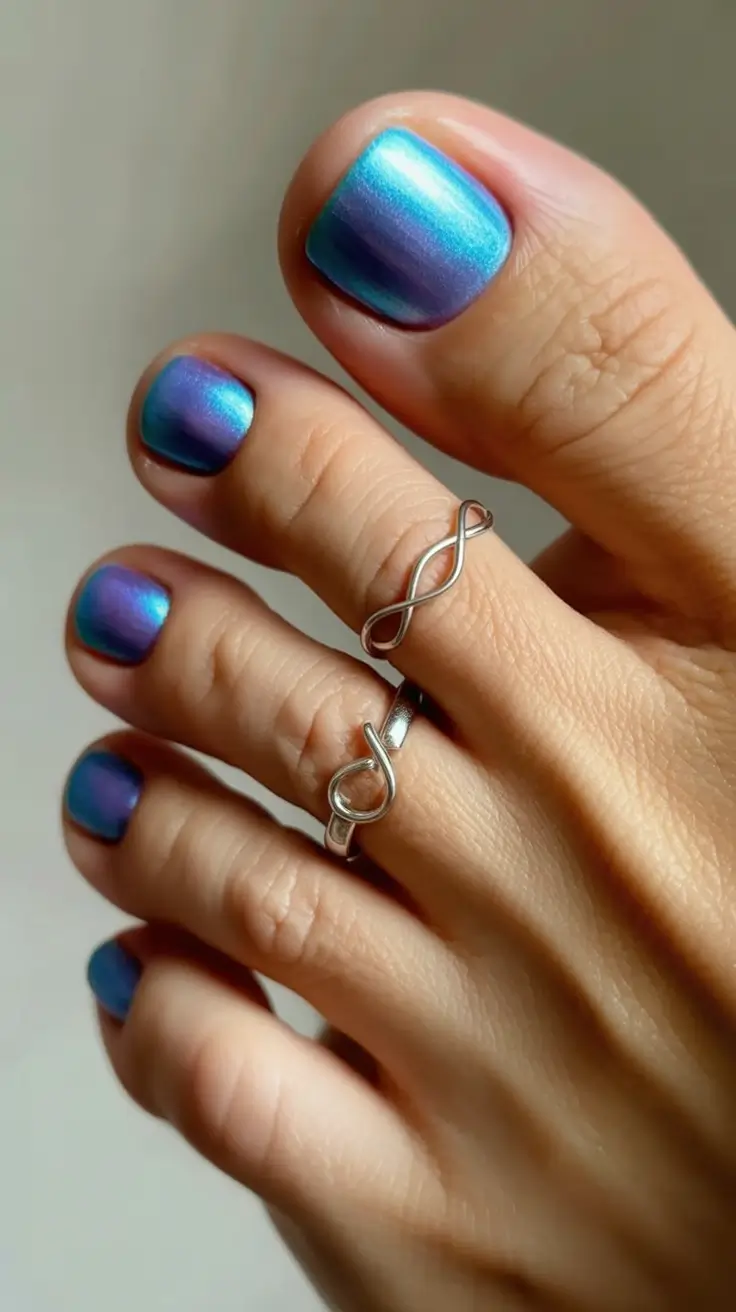 best spring toe nails 2026 Iridescent Blue Chrome Spring Toe Nails