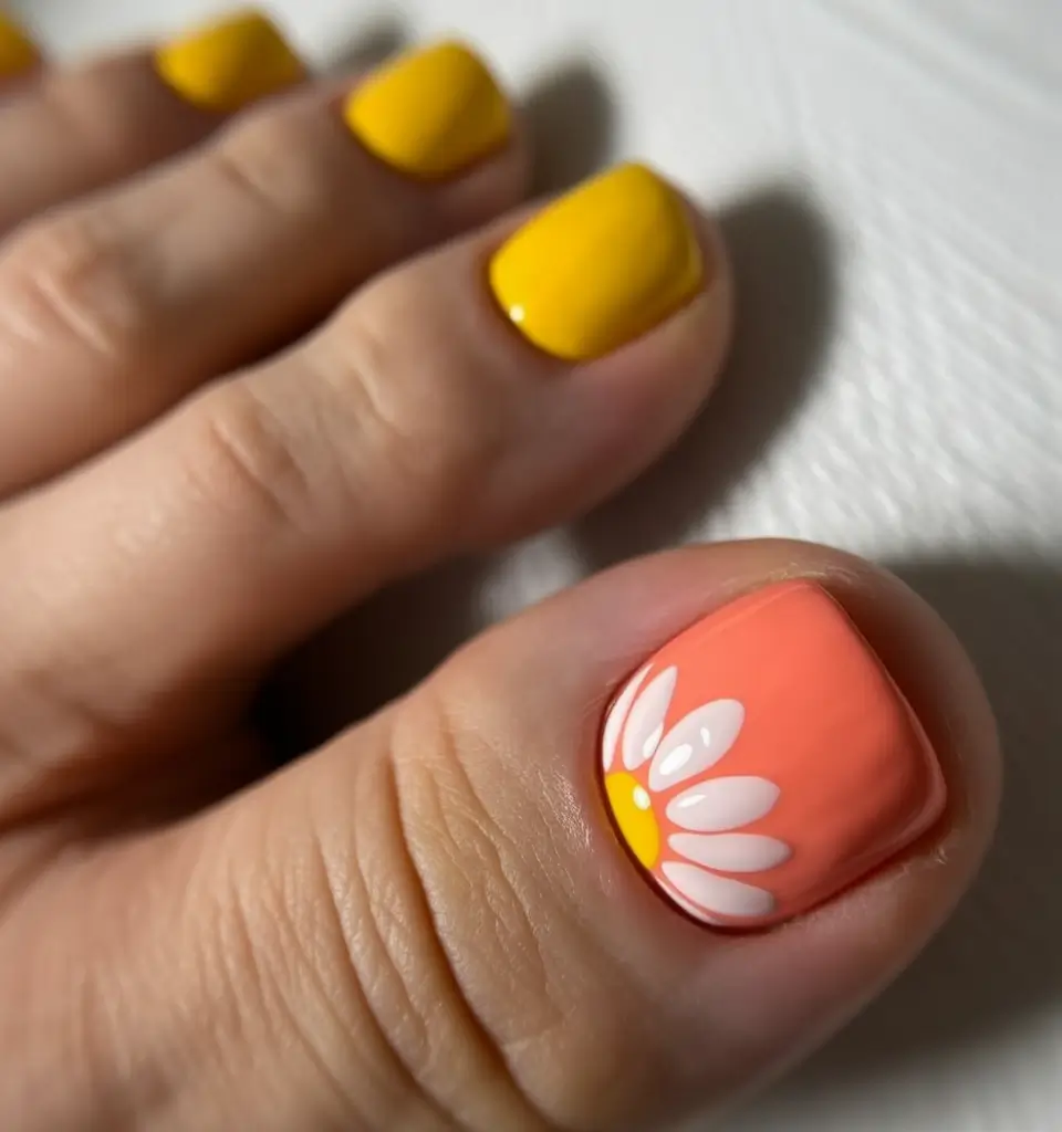 best spring toe nails 2026 Sunny Yellow and Coral Daisy Spring Toes
