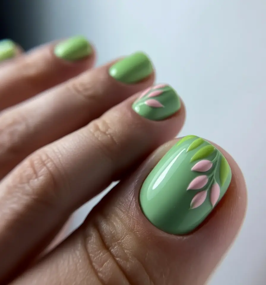 best spring toe nails 2026 Leaf Green Botanical Accent Spring Pedicure
