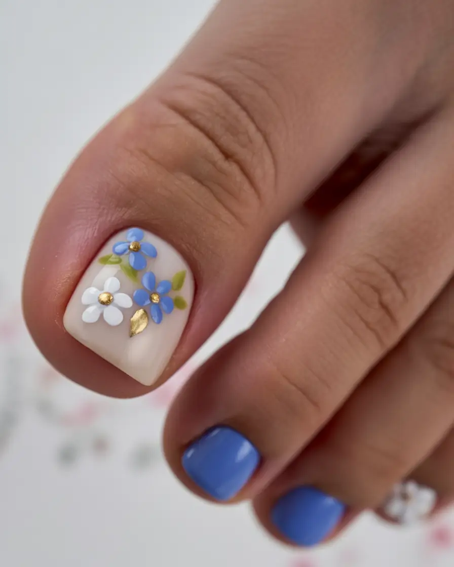 best spring toe nails 2026 Blue and White Daisy Accent Spring Toes