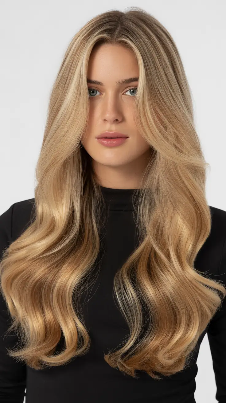 chic spring blonde hair color styles 2026 Golden Honey Ribbon Waves
