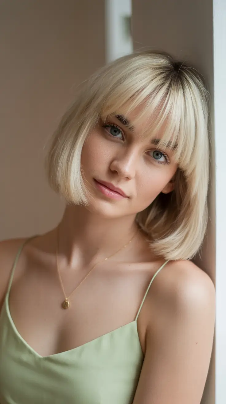 chic spring blonde hair color styles 2026 Fresh Buttercream Blonde Bob With Fringe