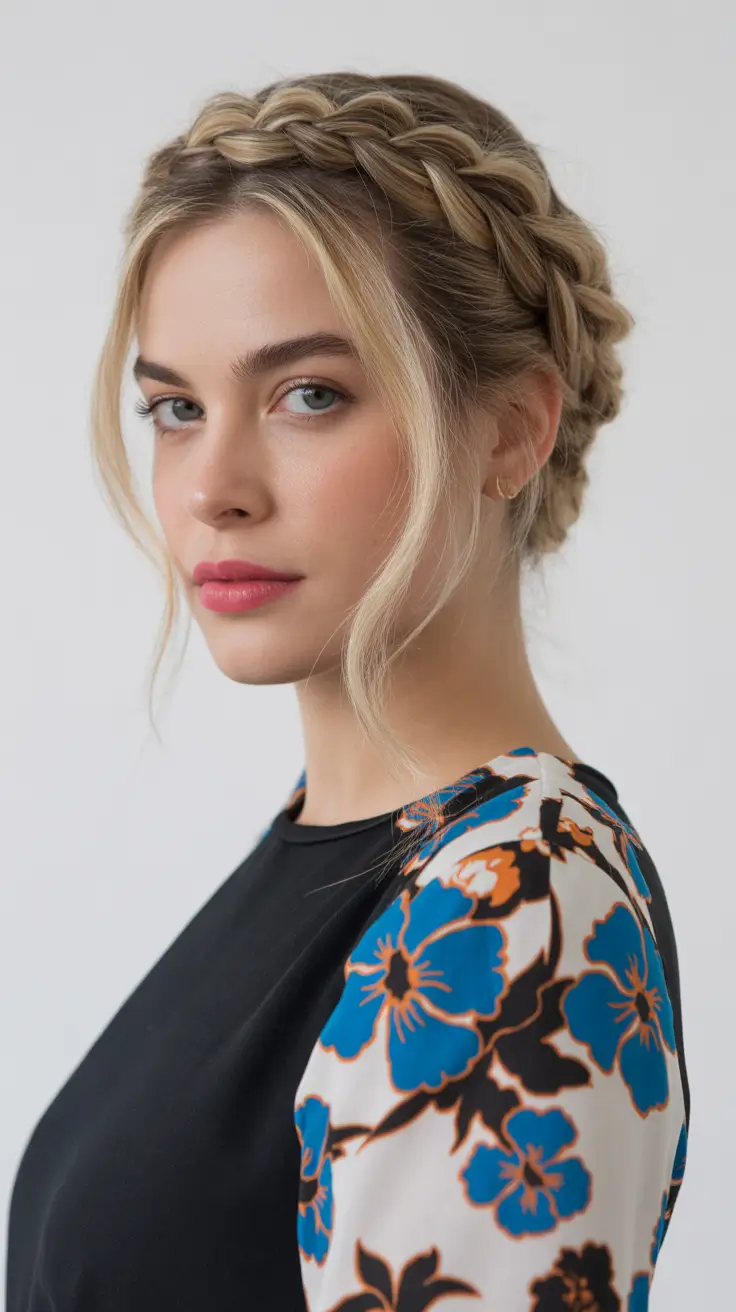 chic spring blonde hair color styles 2026 Romantic Crown-Braid Soft Blonde Updo