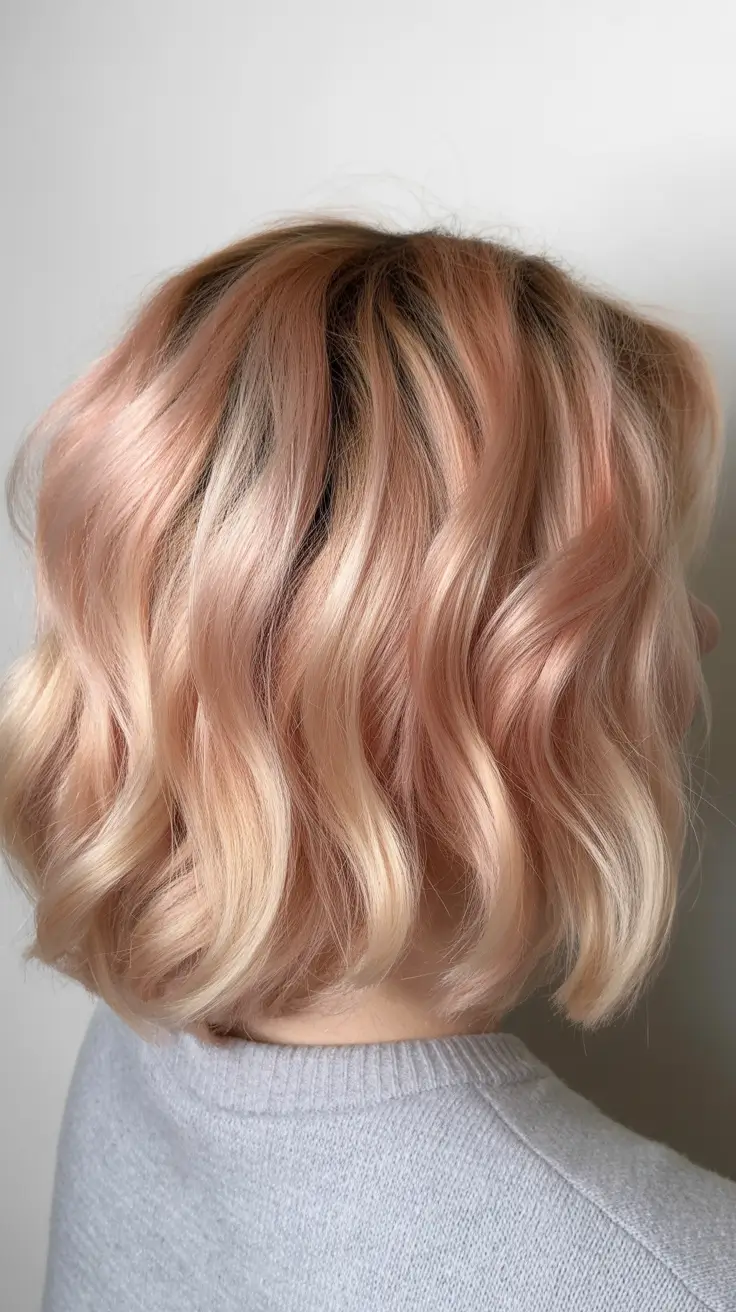 chic spring blonde hair color styles 2026 Peach-Blush Blonde Waves