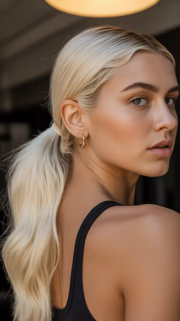 chic spring blonde hair color styles 2026 Sleek Cream-Blonde Ponytail Shine